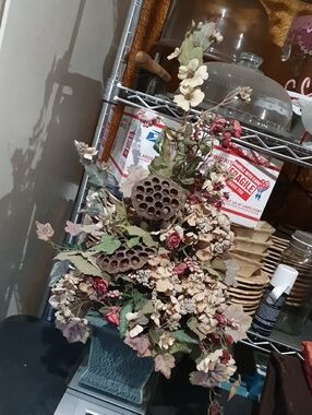 Rustic Dried Floral Arrangement in Green Planter - Neutral and Dusty Rose